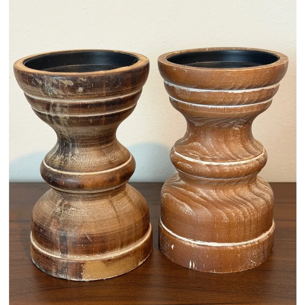 Set of 2 Rustic Distressed Wood Pillar Candle Holders Farmhouse Brown 6 Inch